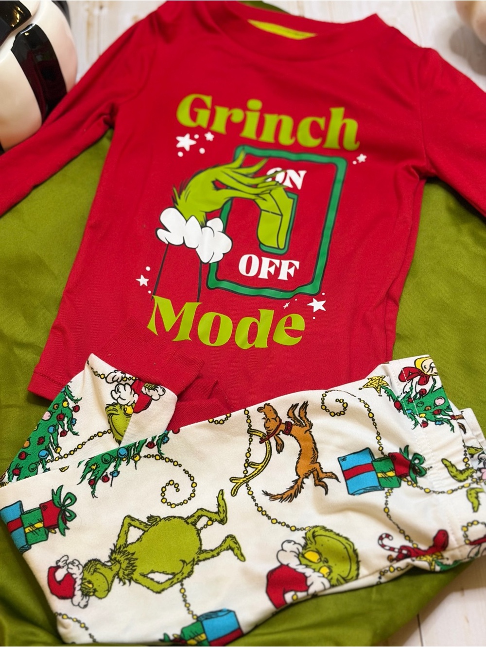 Kids Holiday Pajama Set - Red Top with White Grinch Print Pants